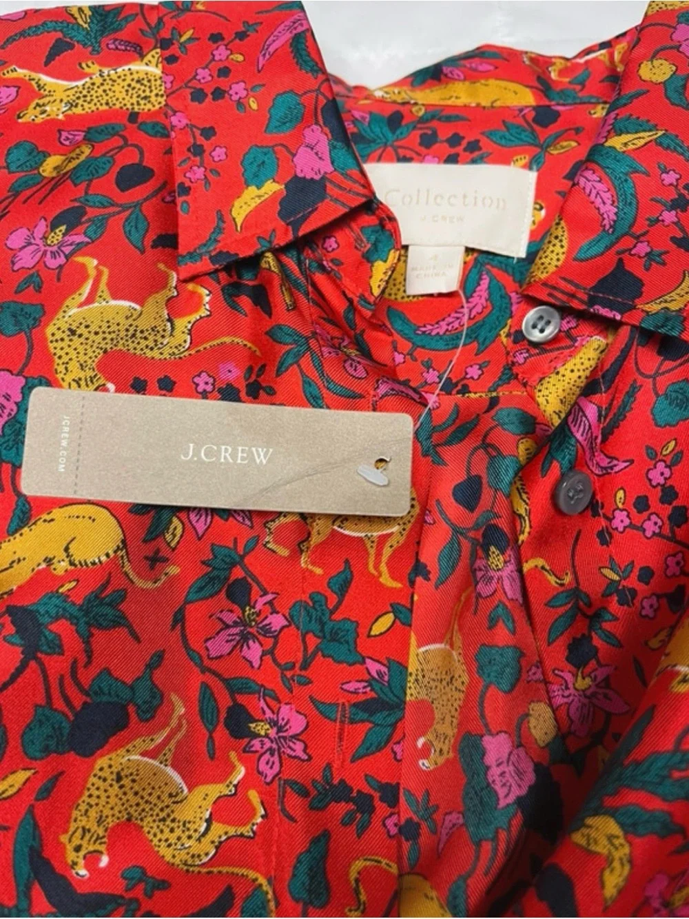 J. Crew Red Floral and Leopard Print Button-Up